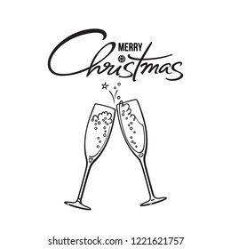 Merry Christmas text. Two glasses of champagne. Calligraphic hand drawn lettering design. Black and white retro style vector illustration.