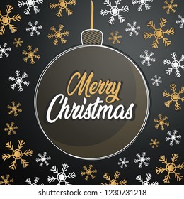 Merry christmas text typography design for holiday greeting on a bauble with winter snow flake background. Can be used for backgrounds, postprints, greetings card, t-shirt, logo and new year designs. 