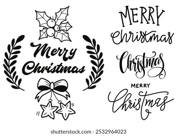 Merry Christmas Text Typography Sets Designs with Festive Fonts, Decorative Elements like Stars, Bells, and Snowflakes, Perfect for Holiday Cards, Invitations, and Seasonal Greetings.