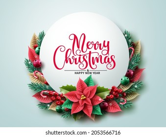 Merry christmas text vector background. Christmas greeting typography in circle frame space with xmas garland ornament elements for holiday season card decoration. Vector illustration. 