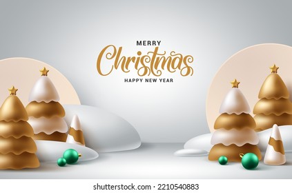 Merry christmas text vector background design. Christmas fir tree in snow frost mock up scene for xmas product presentation. Vector Illustration.