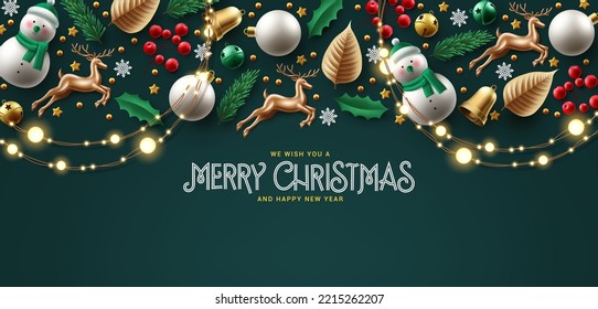 Merry christmas text vector background design. Christmas elements decorations like snowman, holly berry, xmas balls and lights in green elegant background. Vector Illustration.