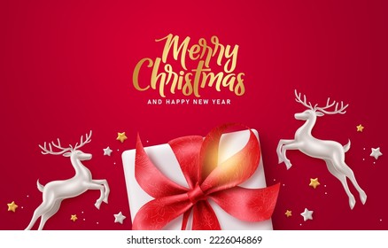 Merry christmas text vector background design. Christmas gift box and dear elements in red and silver color for minimal elegant greeting card decoration. Vector Illustration.