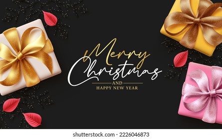 Merry christmas text vector background design. Christmas gifts box decoration elements in black color background for minimal elegant greeting card. Vector Illustration.