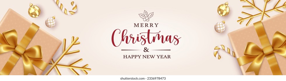 Merry christmas text vector banner. Christmas greeting card with gift boxes, snowflakes and xmas balls elements in elegant background. Vector illustration holiday season promotion design. 