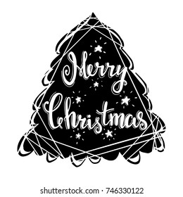 Merry Christmas text. Vector Calligraphy text for greeting cards on the background of a Christmas tree