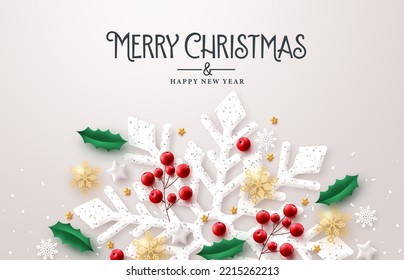 Merry christmas text vector design. Christmas snowflakes elements for holiday winter greeting card decoration background. Vector Illustration.