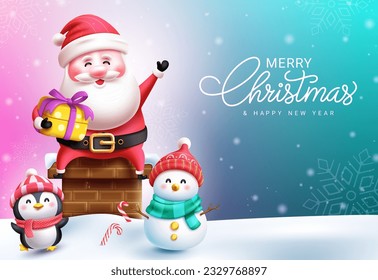 Merry christmas text vector design. Christmas santa claus holding gift with elf and snow man cartoon characters in chimney snow background. Vector illustration seasonal greeting card concept.