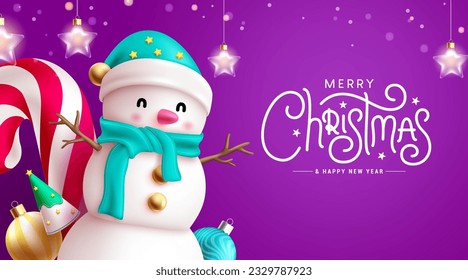 Merry christmas text vector design. Christmas and happy new year greeting with snow man and candy cane seasonal elements. Vector illustration in elegant holiday background.