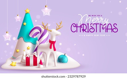 Merry christmas text vector design. Christmas pine tree, deer, candy cane and hanging xmas lights in winter snow decoration. Vector illustration seasonal holiday invitation card.