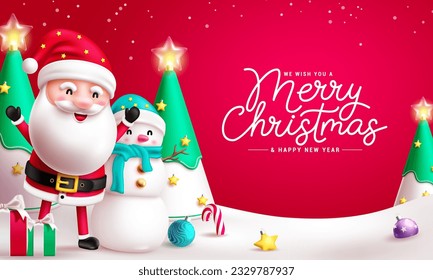 Merry christmas text vector design. Christmas santa claus and snowman characters with pine tree in winter snow background. Vector illustration season greeting card.