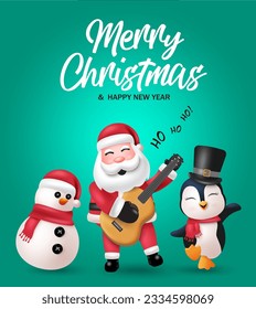 Fröhliche Weihnachtsschrift, Vektordesign. Weihnachtsmann, Schneemann und Pinguinfiguren, die Gitarre und Weihnachtslieder tragen. Charaktere der Vektorgrafik-Feiertagssaison