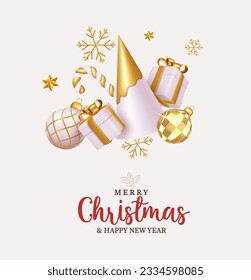 Merry christmas text vector design. Christmas greeting with pine tree, gift, snowflakes and xmas balls in gold elegant color elements. Vector illustration holiday greeting card.