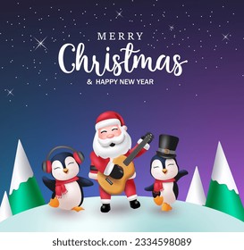 Merry christmas text vector design. Christmas santa claus and penguins characters holding guitar and singing in outdoor background. Vector illustration holiday season concept. 