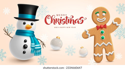 Merry christmas text vector design. Christmas snow man and ginger bread characters with snowflakes elements for greeting card. Vector illustration holiday season background.