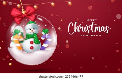 Merry christmas text vector design. Christmas and happy new year greeting with snow man character in crystal glass ball hanging ornament. Vector illustration holiday seasonal background.