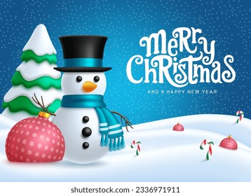 Merry christmas text vector design. Christmas snow man character with xmas balls and pine tree in snow winter outdoor background. Vector illustration season greeting card. 