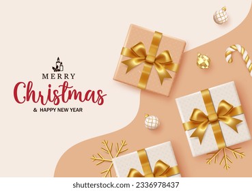 Diseño de vectores de texto con navidad. elementos de la caja de regalos de Navidad en elegante cinta de color oro para regalos sorpresivos de temporada navideña. Fondo de la tarjeta de saludo de la ilustración del vector.