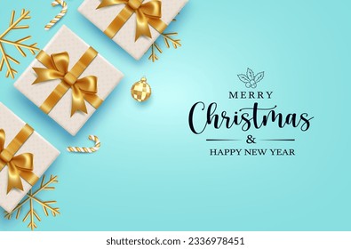 Merry christmas text vector design. Christmas gift boxes with gold ribbon decoration for xmas greeting card background. Vector illustration holiday season elegant design. 
