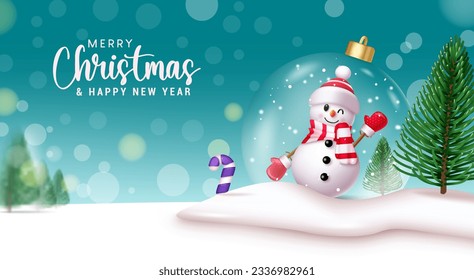 Diseño de vectores de texto con navidad. Carácter de hombre de nieve navideño en bola de cristal de navidad adorno de adorno para celebración de fiestas. Ilustración vectorial del fondo de la temporada invernal.