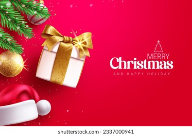 Merry christmas text vector design. Christmas and happy new year greeting card with surprise gift box ornaments. Vector illustration elegant red background. 