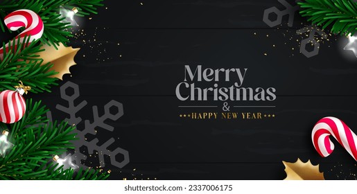 Merry christmas text vector design. Christmas greeting card in wooden black space for typography with snow flakes and pine tree elements. Vector illustration holiday season elegant background.