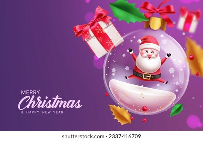 Fröhliche Weihnachtsschrift, Vektordesign. Weihnachtsklaus in Kristallglas-Weihnachtskugel mit Geschenkbox-Dekorationselementen. Vektorgrafik Jahreszeit Grußkartenhintergrund.
