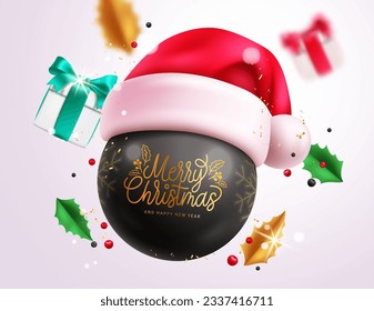 Merry christmas text vector design. Christmas greeting in xmas ball with red santa hat and gift box elements. Vector illustration holiday season greeting card concept.
