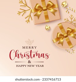 Merry christmas text vector design. Christmas and new year greeting with elegant gift surprise decoration elements. Vector illustration holiday season background.

