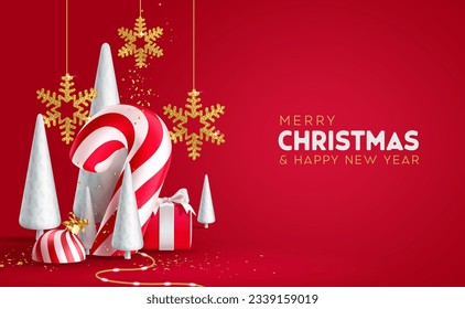 Merry christmas text vector design. Christmas greeting card with candy cane, pine tree, snow flakes and pine tree in elegant red and gold color decoration. Vector illustration holiday season card 