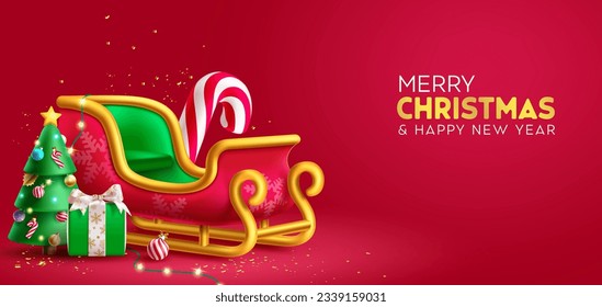 Merry christmas text vector design. Christmas greeting card with santa claus sleigh, pine tree and gift for xmas decoration elements. Vector illustration holiday season card background.
