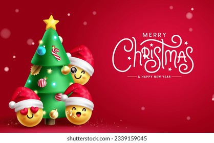 Merry christmas text vector design. Christmas pine tree ornaments with smileys and emojis characters wearing santa hat elements. Vector illustration season greeting card in red background.
