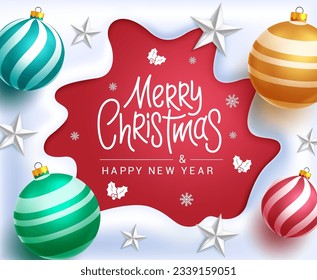 Merry christmas text vector design. Christmas greeting in red space for typography with xmas balls ornaments. Vector illustration holiday season background. 
