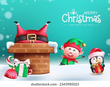 Merry christmas text vector design. Christmas characters like santa claus, reindeer and penguin holding and giving christmas gift  in chimney and roof top concept. Vector illustration xmas winter seas