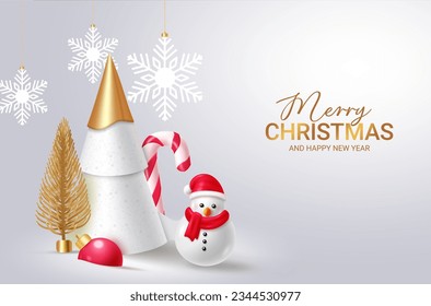 Merry christmas text vector design. Christmas greeting card with pine tree, snowman and hanging snowflakes ornaments in elegant background. Vector illustration holiday season greeting card.
