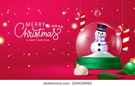 Merry christmas text vector design. Christmas snow man character in crystal globe glass ball elements for xmas decoration. Vector illustration holiday season greeting card.
