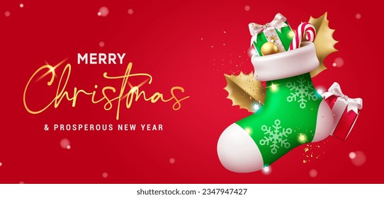 Merry christmas text vector design. Christmas green santa sock ornaments in elegant red color for holiday season background decoration. Vector illustration xmas greeting card.
