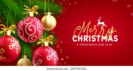 Merry christmas text vector design. Christmas greeting card with xmas balls hanging and pine tree spruce ornaments in elegant red background. Vector illustration seasonal greeting card.
