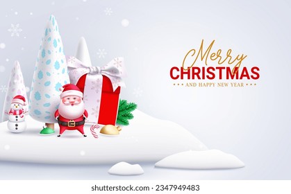 Merry christmas text vector design. Christmas santa claus and snowman miniature characters with fir tree and gift box ornaments. Vector illustration in snow winter background. 
