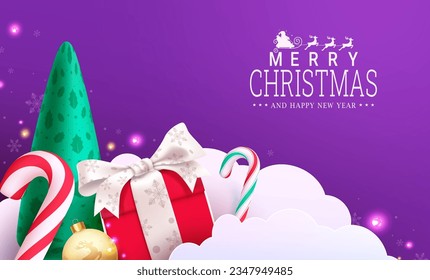 Merry christmas text vector design. Christmas greeting card pine tree, gift box, candy cane and paper cut clouds concept. Vector illustration holiday season card decoration.
