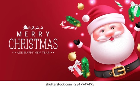 Diseño de vectores de texto con navidad. Carácter navideño santa claus para tarjeta de saludo de temporada navideña con fondo rojo y elegante. Ilustración vectorial xmas fondo estacional.
