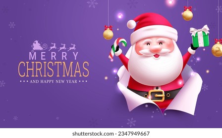 Merry christmas text vector design. Christmas santa claus character in hole torn paper background holding gift box and candy cane. Vector illustration greeting card in purple background.
