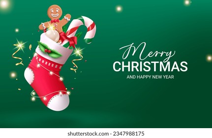 Merry christmas text vector design. Christmas santa socks with ginger bread and xmas elements in green elegant background. Vector illustration greeting card design.
