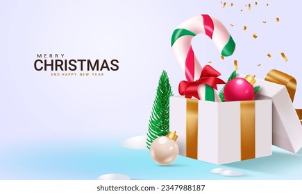 Merry christmas text vector design. Christmas candy cane and xmas balls ornaments in gift box surprise elements. Vector illustration greeting card background.
