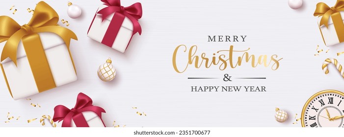 Merry christmas text vector design. Christmas and happy new year greeting card with gift boxes and xmas balls elements in elegant background. Vector illustration seasonal banner.
