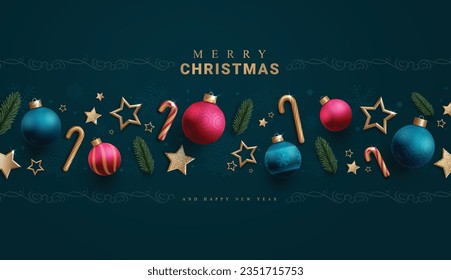 Diseño de vectores de texto con navidad. Tarjeta de felicitación navideña con elegantes elementos de navidad y decoración de adornos. Fondo estacional de la tarjeta de la ilustración del vector.
