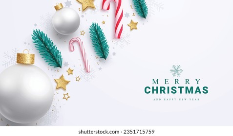 Merry christmas text vector design. Christmas greeting card in elegant white color with xmas elements and ornaments seasonal decoration. Vector illustration christmas card background.
