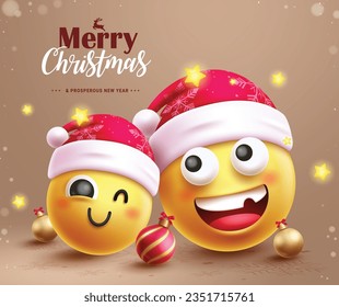 Diseño de vectores de texto con navidad. Tarjeta de saludo de Navidad con personajes de emojis padre e hijo con un fondo mágico y elegante. Diseño de tarjeta de saludo de ilustración vectorial.
