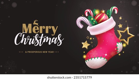 Merry christmas text vector design. Christmas greeting card with red santa socks, candy cane and stars decoration elements. Vector illustration xmas greeting card background.
