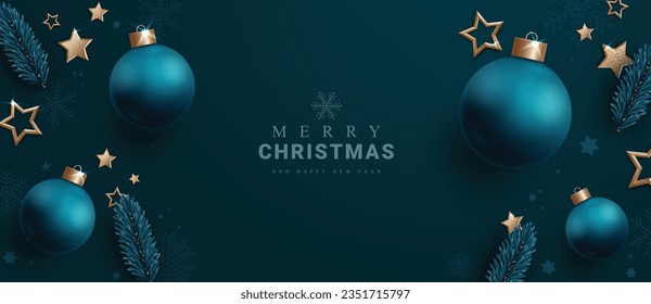 Merry christmas text vector design. Christmas and new year greeting card with xmas balls ornaments and elements in elegant blue color background. Vector illustration holiday season background.
